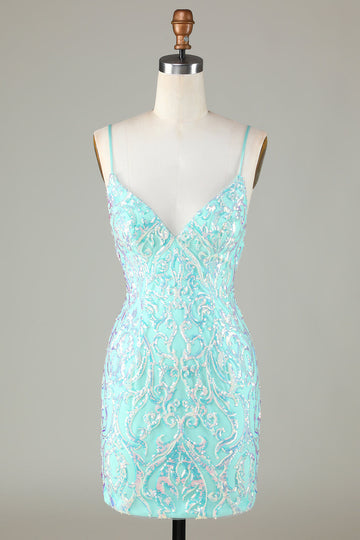 Sparkly Tight Spaghetti Straps Green Short Formal Dress with Backless